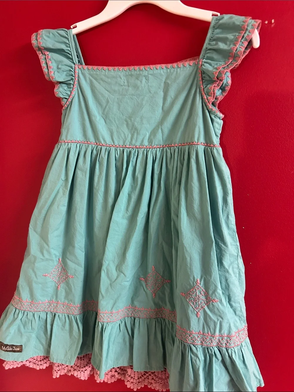 Matilda Jane Teal Dress with Pink Trim size 6